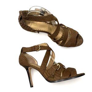 COACH Fawn Strappy Sandals Stiletto Heel Brown Snakeskin Print Leather Sz 9.5 B